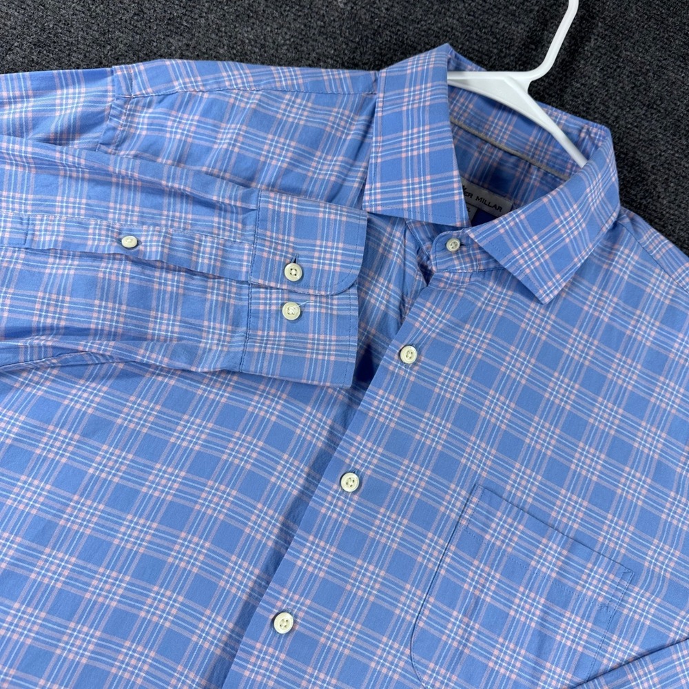 Peter‎ Millar Button Down Mens XL Extra Large Blue Pink Plaid Cotton Long Sleeve